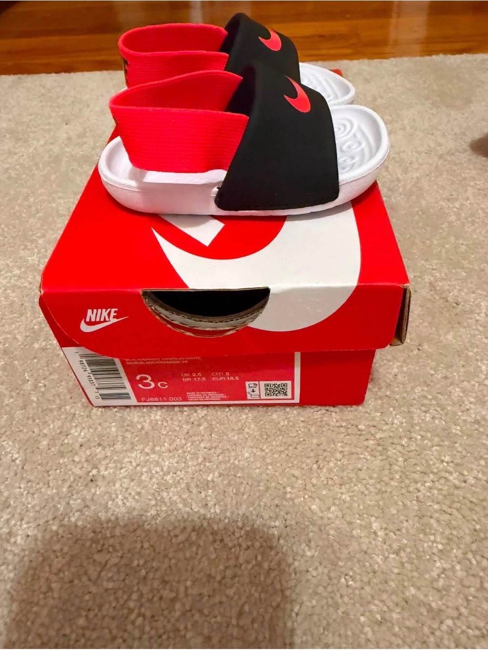 Nike Kids Black Slide Sandals with Red Elastic Heel Strap